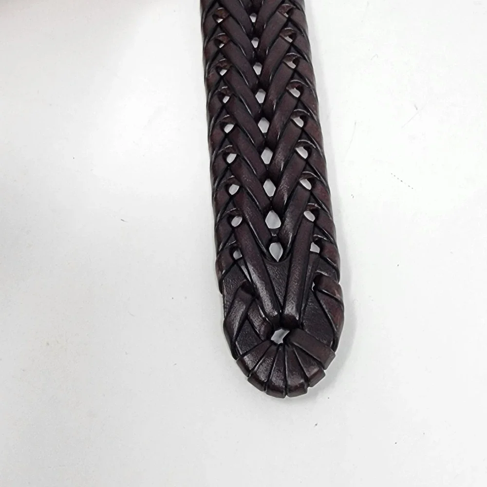 Fossil Dark Brown Leather Belt Men's 32 Silver Tone Buckle Woven